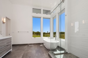 Bathtub, hair dryer, towels, soap
