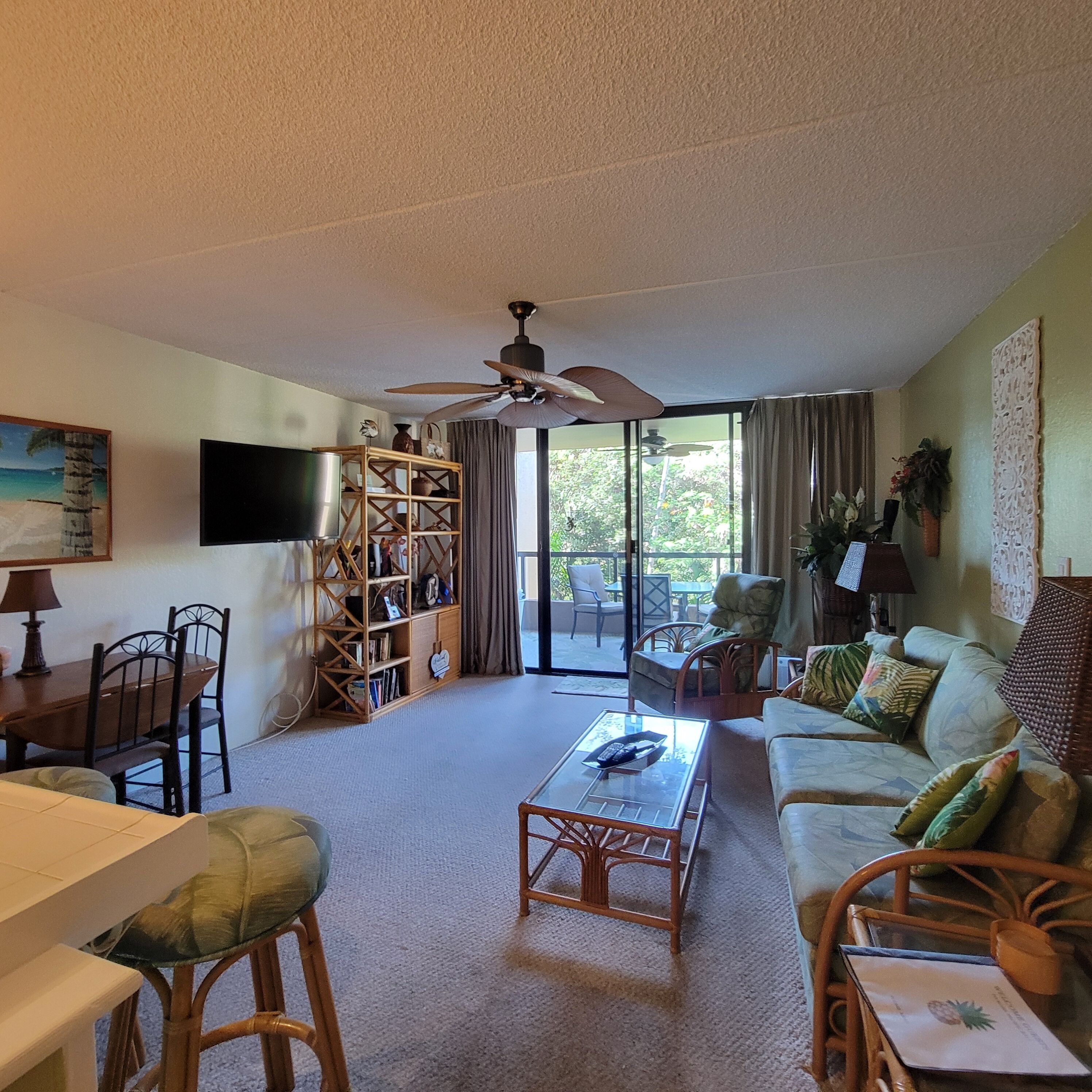 A living room with a ceiling fan, a bookshelf, a television, a dining table with chairs, a sofa, and a coffee table.