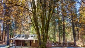 A rustic cabin with a stone foundation, a wooden porch, and a small deck. - (50R) Soots - Me at The Redwoods In Yosemite (Yosemite National Park)