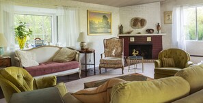 Smart TV, chimenea, reproductor de DVD y libros 