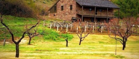 Ein Steinhaus mit einer Veranda, umgeben von einer grünen Wiese und Bäumen.