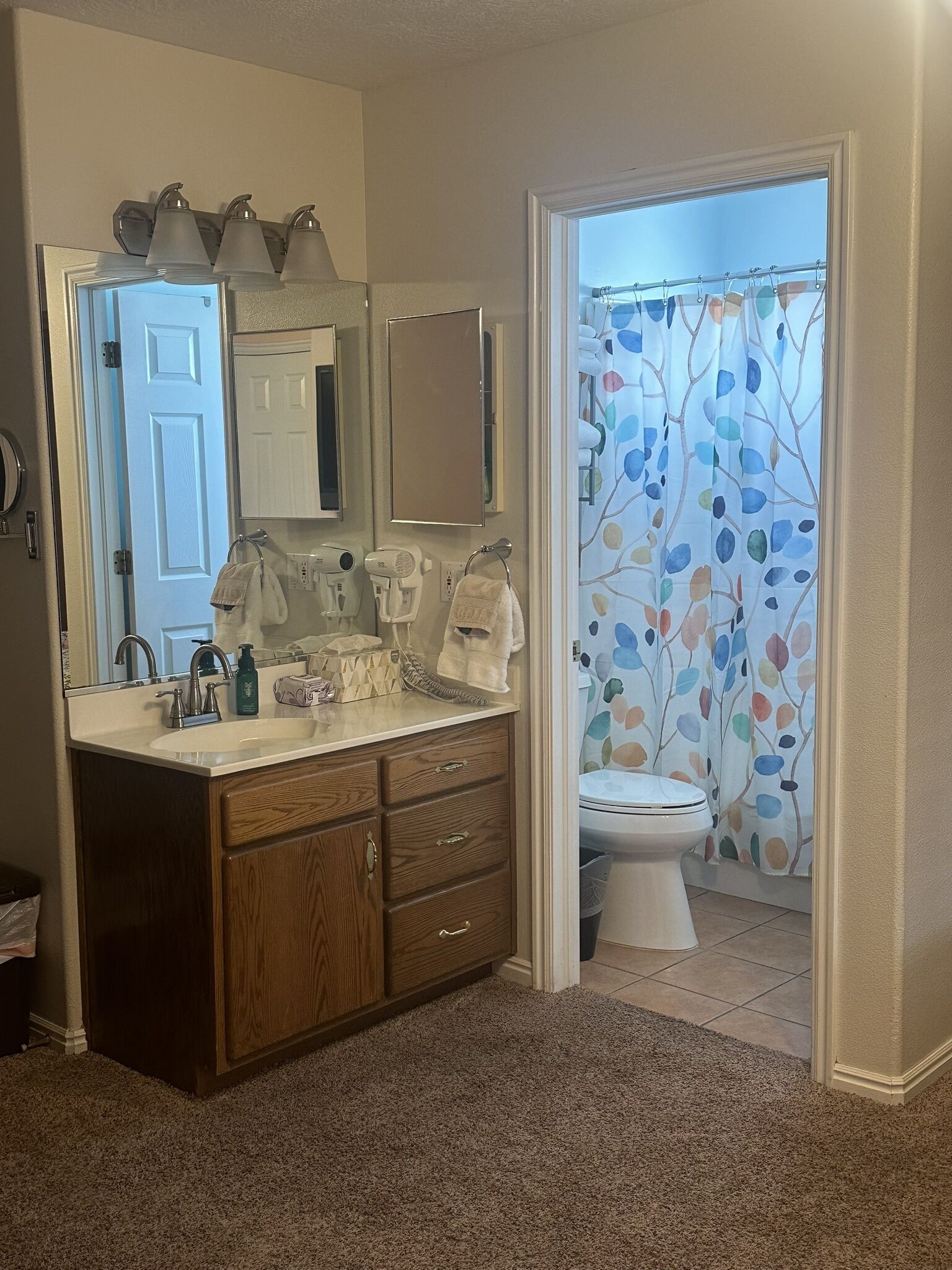 Regadera, secadora de cabello, toallas, jabón 