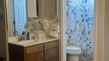 Regadera, secadora de cabello, toallas, jabón