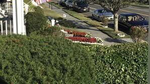 Calle residencial con coches aparcados, una bandera y jardines bien cuidados.