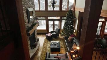 TV connectée, cheminée, lecteur de DVD, livres