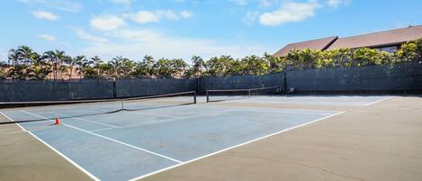 An outdoor tennis court with a net, surrounded by a low wall and palm trees.