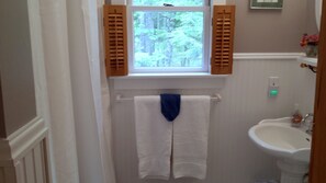A bathroom with a window, a towel rack, and a sink. - Creekfront! Private ponds for fishing! Mountain views & trails. Pet-friendly (Hayesville)