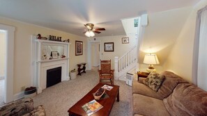 Smart TV, chimenea, reproductor de DVD, libros