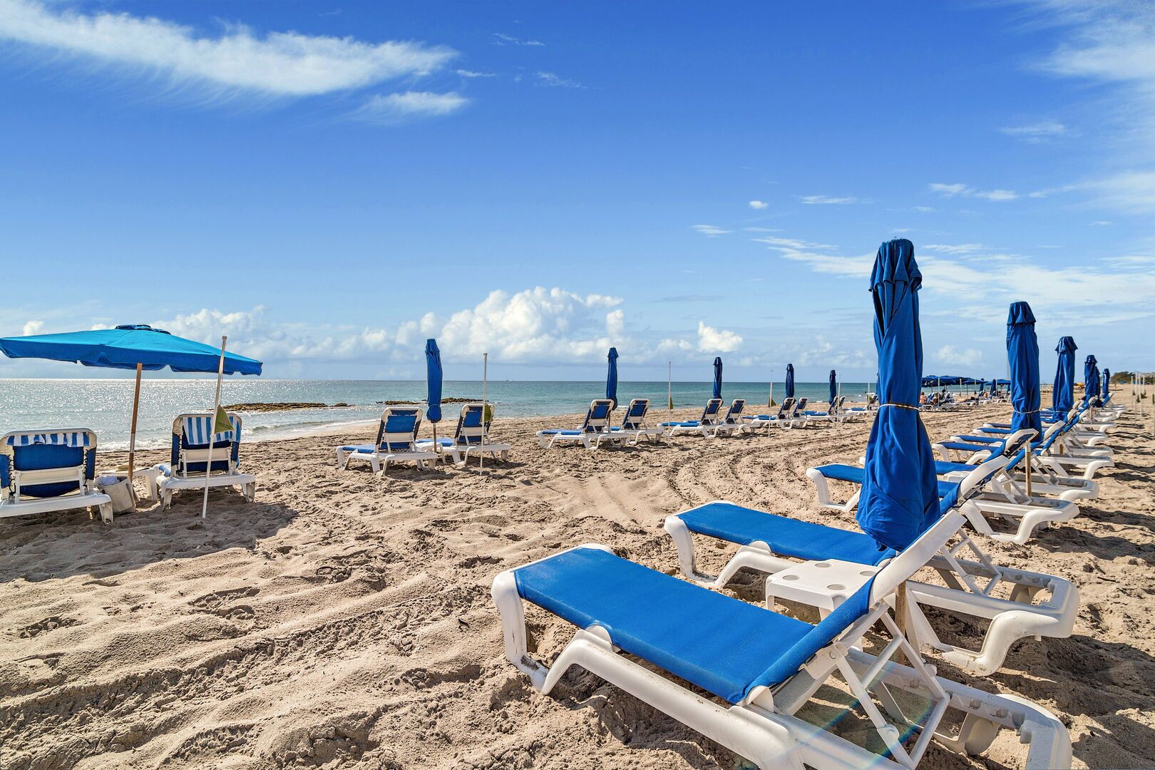 A beach with rows of sun loungers and blue umbrellas, arranged in a line along the shore.