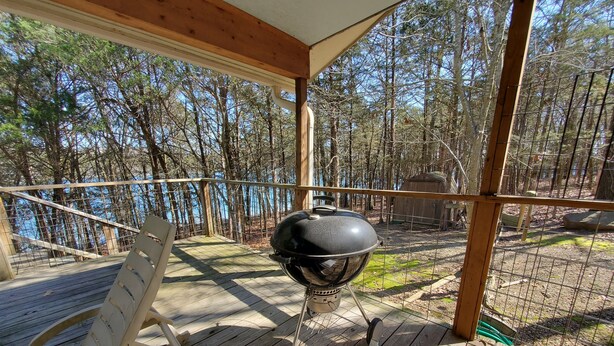 Une terrasse en bois avec un barbecue, une chaise et une vue sur une forêt.