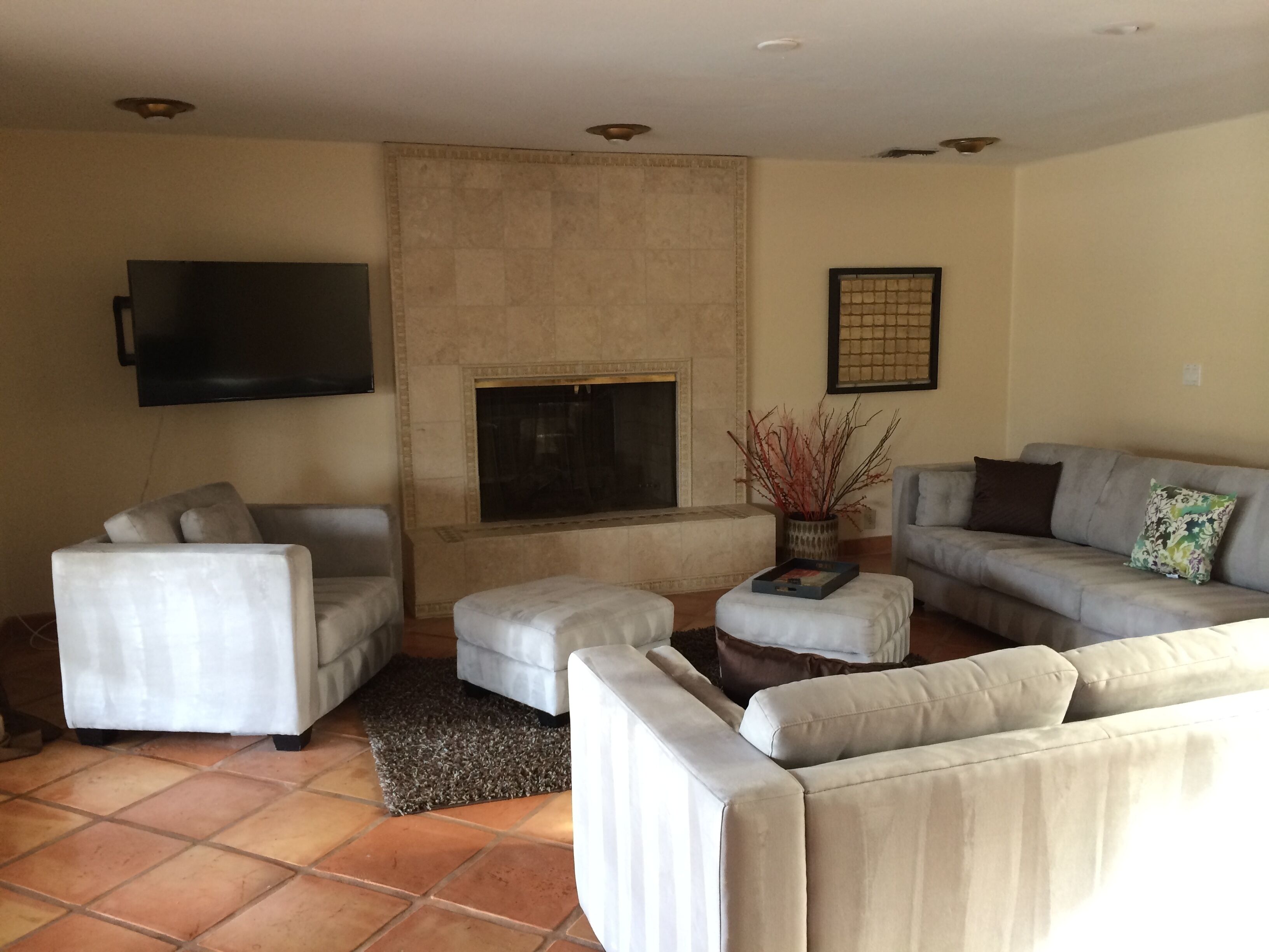 A living room with a fireplace, a flat-screen TV, and a sofa set.