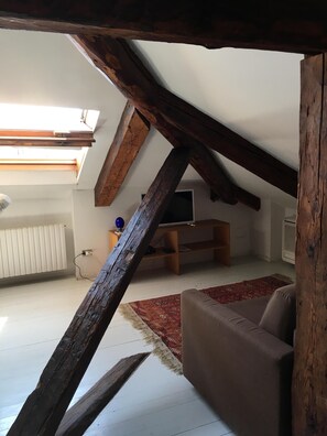 Een televisie, boeken en een stereo