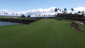 Ein Golfplatz mit Blick auf den Ozean und Palmen.