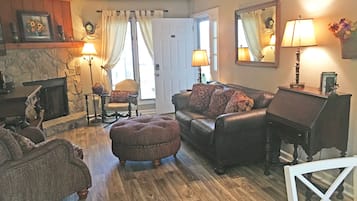 Smart TV, fireplace, books