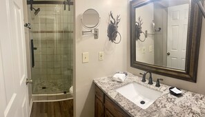 Hair dryer, towels, soap, toilet paper