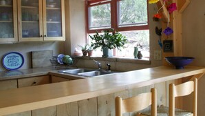 A wooden kitchen with a wooden counter, a sink, and a window. There are cabinets, a plant, and a blue bowl on the counter. - Unsurpassed Night Skies And Fresh Mountain Air In A Traditional Village (Santa Fe)