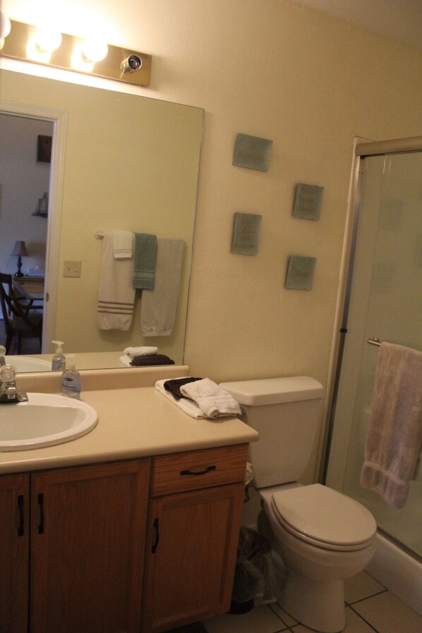 A bathroom with a sink, mirror, and toilet. There are towels hanging on the wall and a shower area.