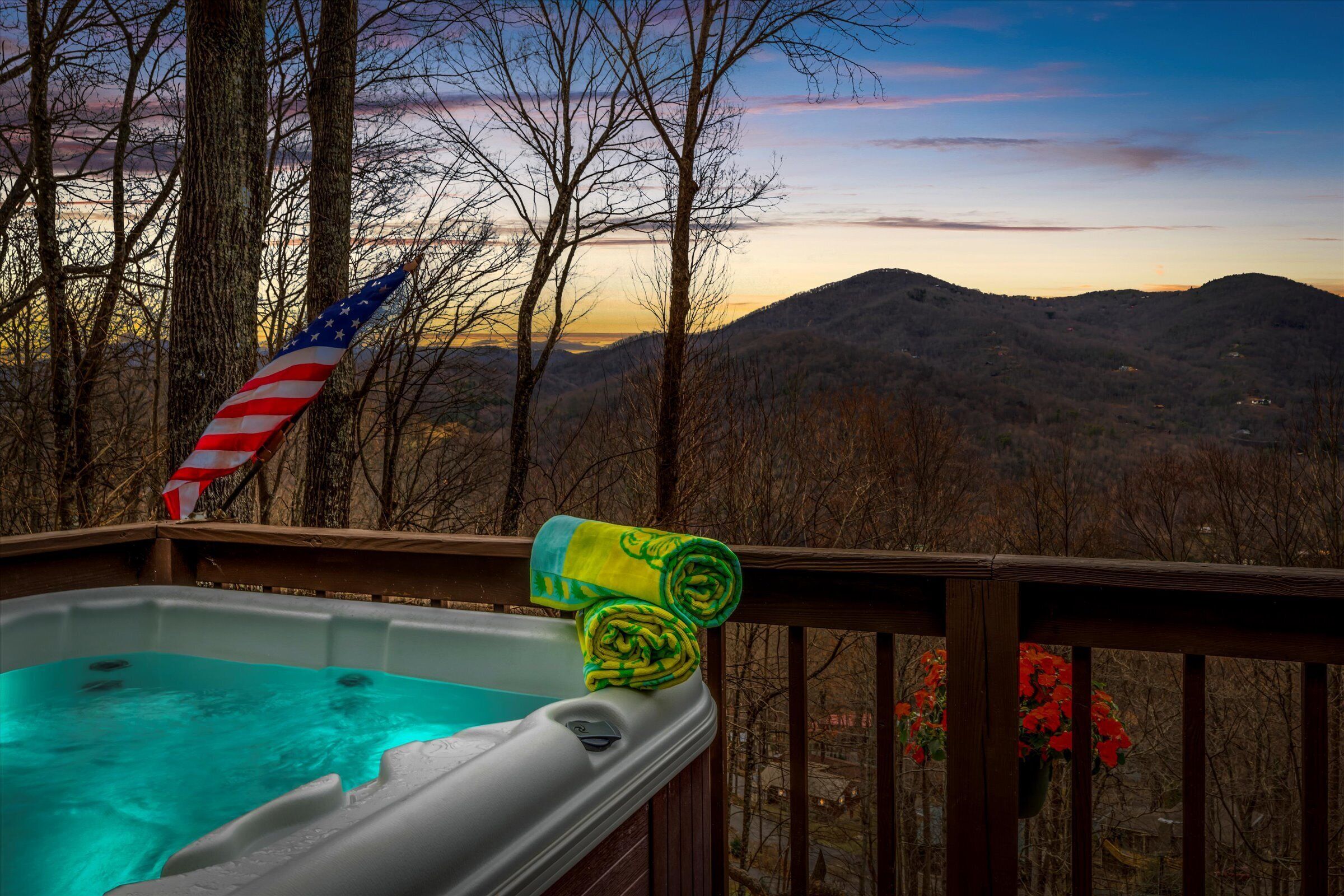 Imagine relaxing in the hot tub watching the sunset over the mountain.