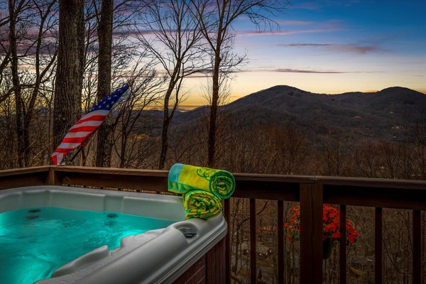 Imagine relaxing in the hot tub watching the sunset over the mountain.