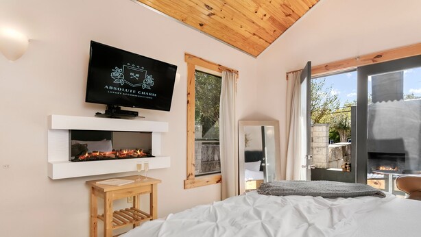 Una camera da letto moderna con camino, televisione e un letto grande.