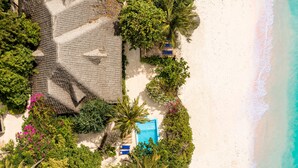 Vista aérea de una propiedad frente a la playa, con piscina, sillas de descanso y abundante vegetación.