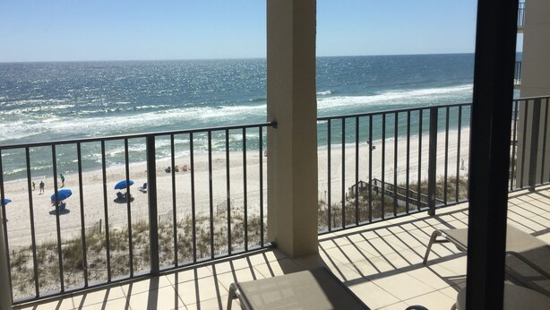 A balcony with a view of the beach and ocean. - Peaceful, Beach-front Escape in Orange Beach! 3/3 with pool and more! (Orange Beach)