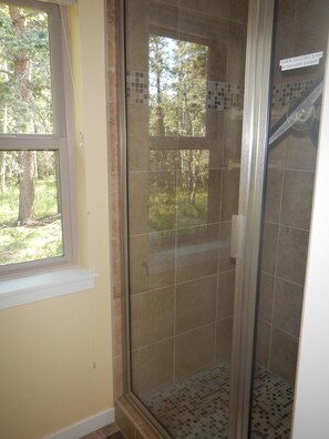 Combined shower/bathtub, hair dryer, towels, soap - Modern Home Secluded in the Mountains With Breathtaking Views in Divide CO (Divide)