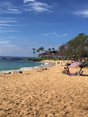 On the beach, sun-loungers, beach towels