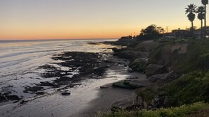 A coastal landscape with rocky shorelines, palm trees, and a clear sky. - Opal Cliff Beach House (Pleasure Point)
