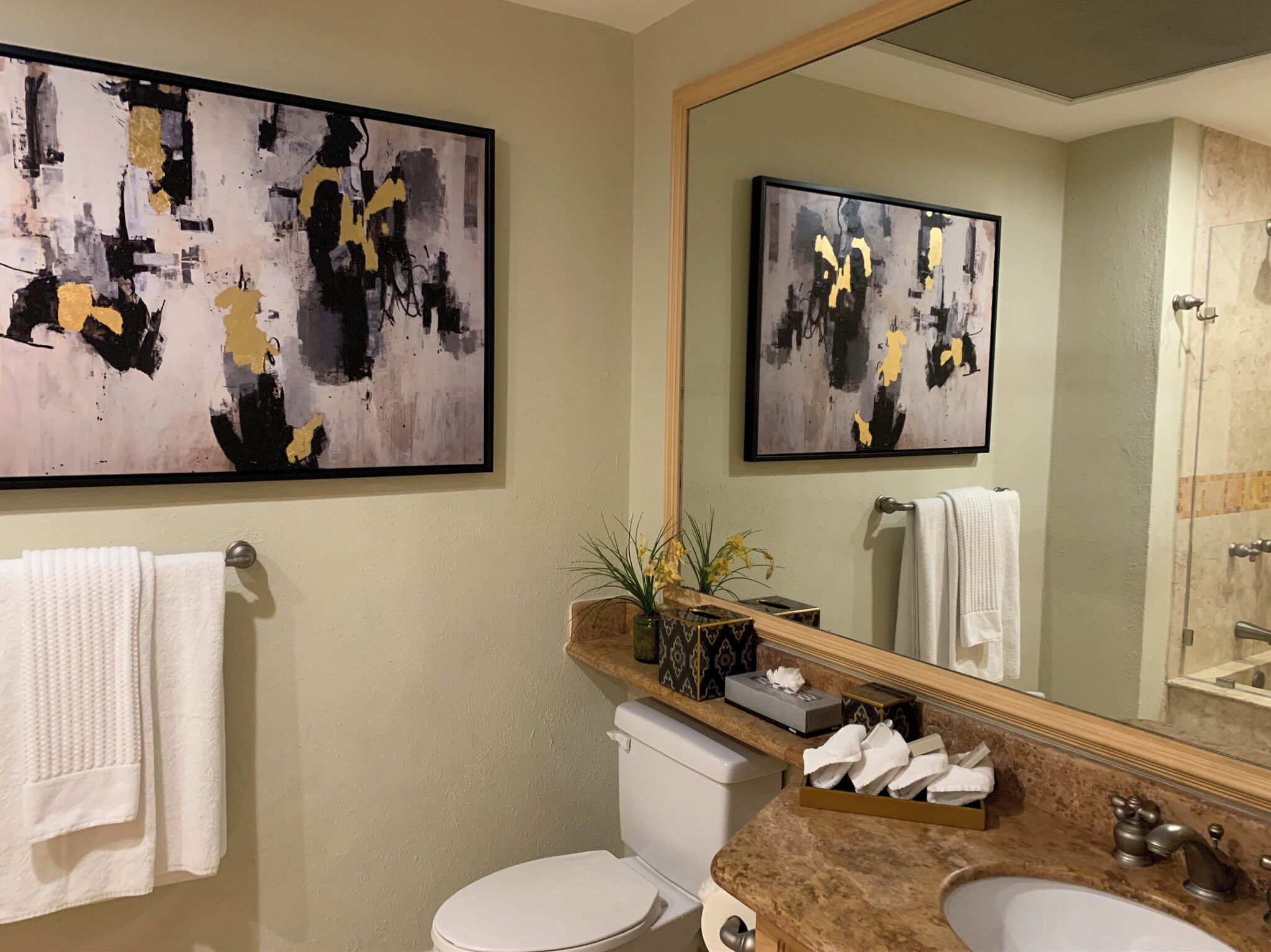 Een badkamer met toilet, wastafel en spiegel. Twee abstracte schilderijen hangen aan de muur, er is een handdoekhouder en een plant op het aanrecht.