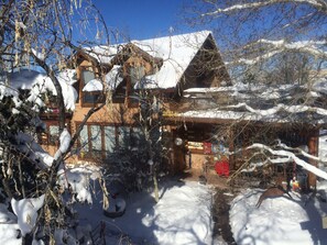 Une maison en bois avec un toit enneigé et une cheminée bien visible.