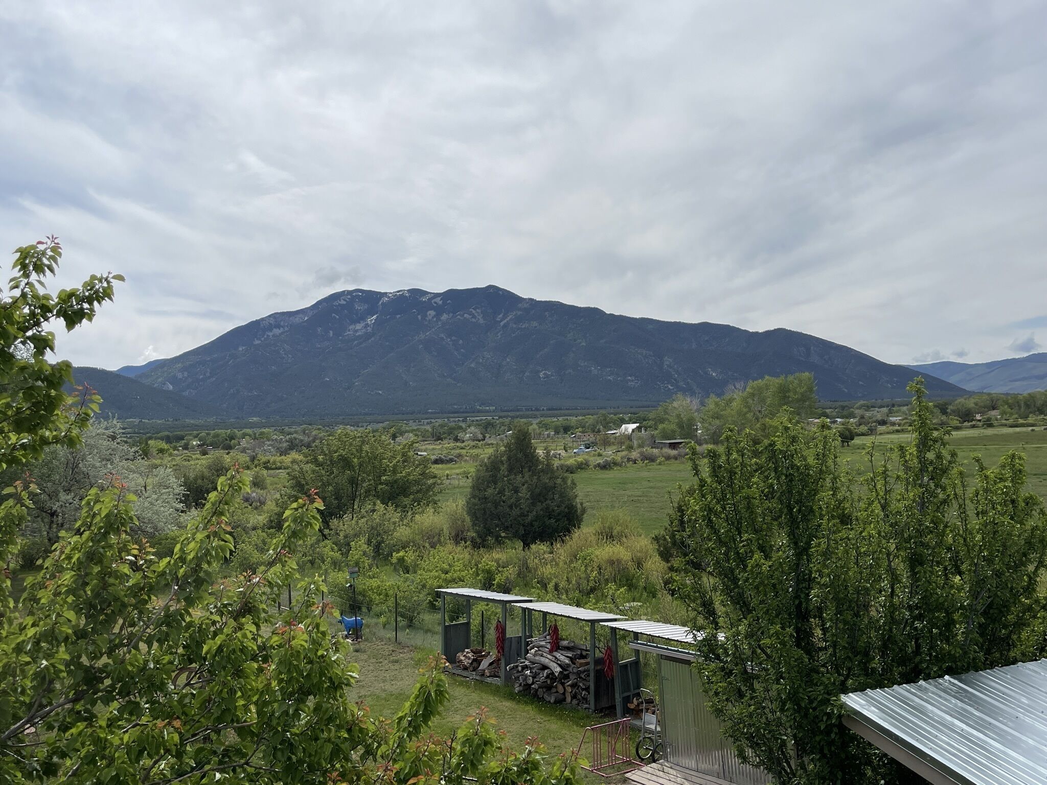 Un paisaje rural con una montaña al fondo, un cobertizo pequeño con techo y una bicicleta.