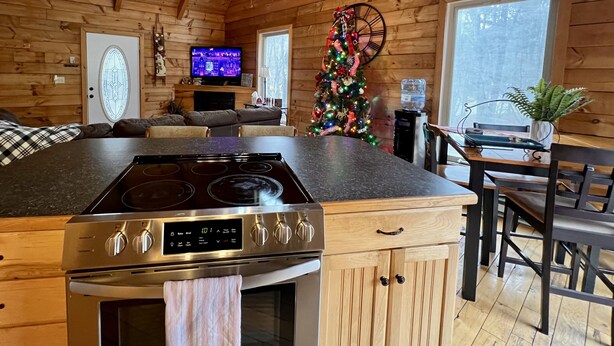 A cozy cabin interior with a kitchen area featuring a stove, oven, and dining table with chairs. A Christmas tree adds a festive touch.