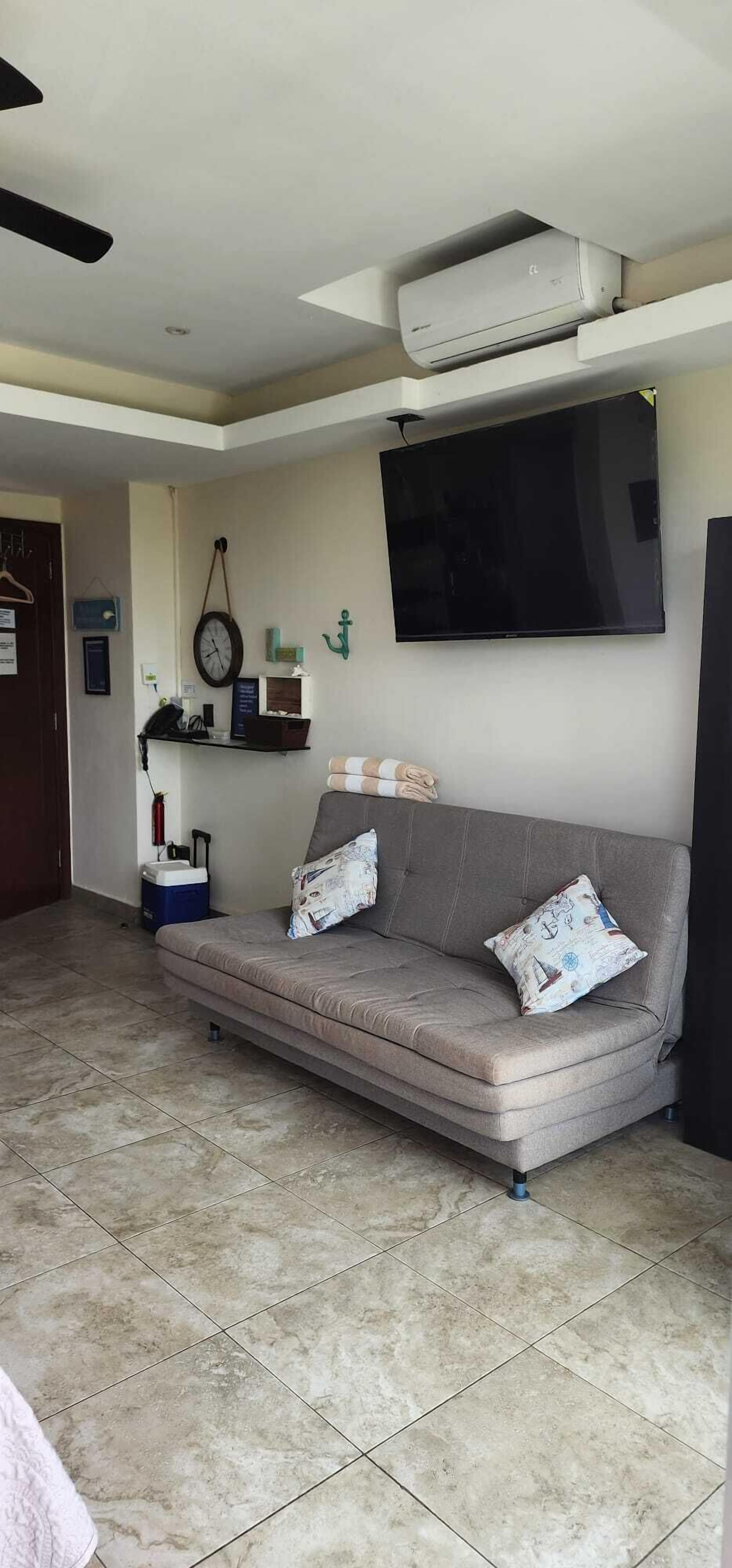 A living room with a grey sofa, a flat-screen TV, a ceiling fan, and a mounted air conditioner.