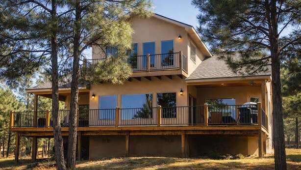 A two-story house with a balcony, large windows, and a wooden deck. - Unbelievable Views, Perfect Location, Ski, Golf, Mountain Home (Ruidoso)