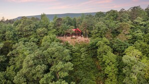 A cabin surrounded by dense forest with a clear view of the surrounding landscape.