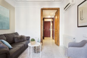 TV, DVD player, video library, stereo