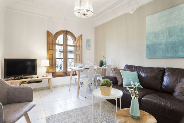 TV, DVD player, video library, stereo