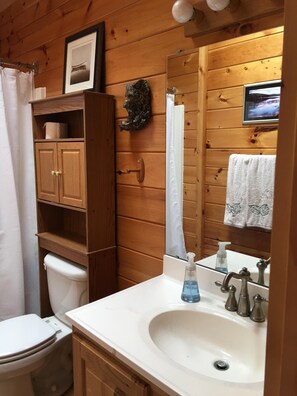 Ein Badezimmer einer Holzhütte mit Toilette, einem Waschbecken mit Spiegel, einer Duschvorhang und einem Holzschrank.