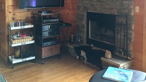 Un acogedor interior de cabaña con un televisor montado en la pared, una chimenea de piedra y un mueble de entretenimiento de madera con varios dispositivos electrónicos.