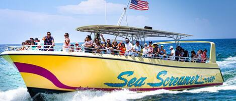 Un bote amarillo con la leyenda "Sea Screamer" en el costado, transportando pasajeros.