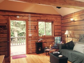 DVD player, books, video library, stereo