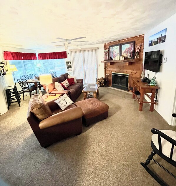 Smart TV, fireplace, DVD player, books