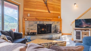 Smart TV, chimenea, reproductor de DVD y libros