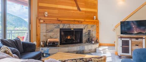 Smart TV, fireplace, DVD player, books