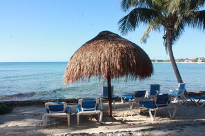 On the beach, sun-loungers, beach towels - Oceanfront double size beach condo in La Sirena condominium (Akumal)
