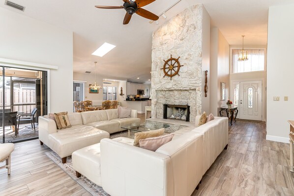 Smart TV, fireplace, books