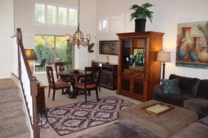 TV, fireplace, DVD player, books
