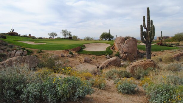 A desert landscape with a golf course, cacti, and sparse vegetation. - Beautiful Desert Escape w/private pool just north of Scottsdale. Special rates!  (Cave Creek)
