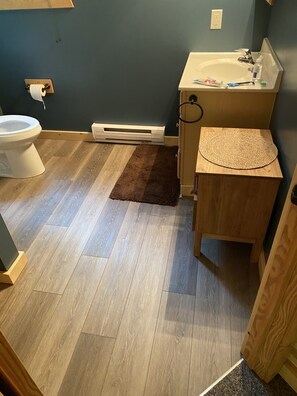 A bathroom with a toilet, sink, and wooden cabinet. - Taking summer rentals! (La Pointe)
